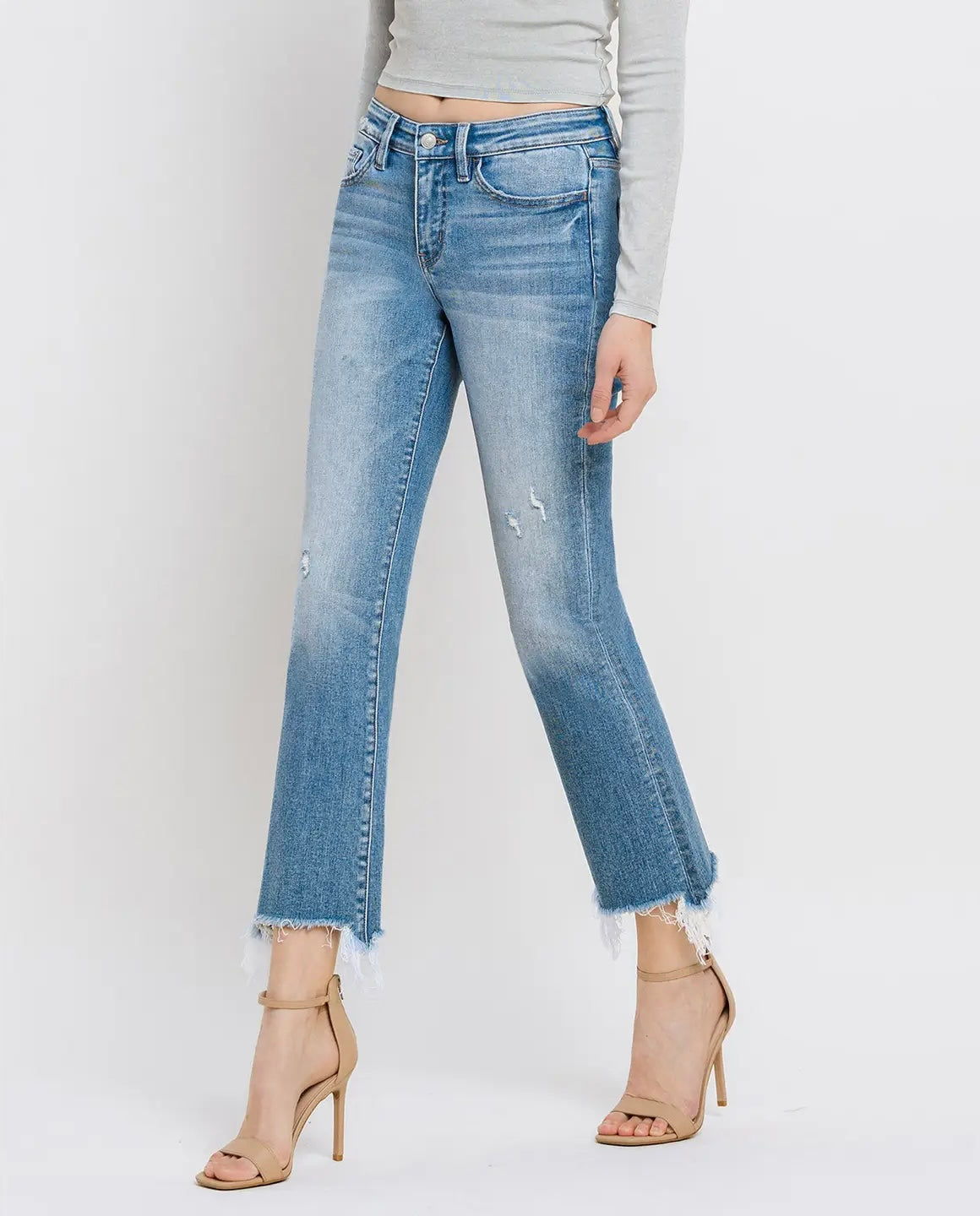 Mid Rise Frayed Hem Ankle Bootcut Jeans by Flying Monkey