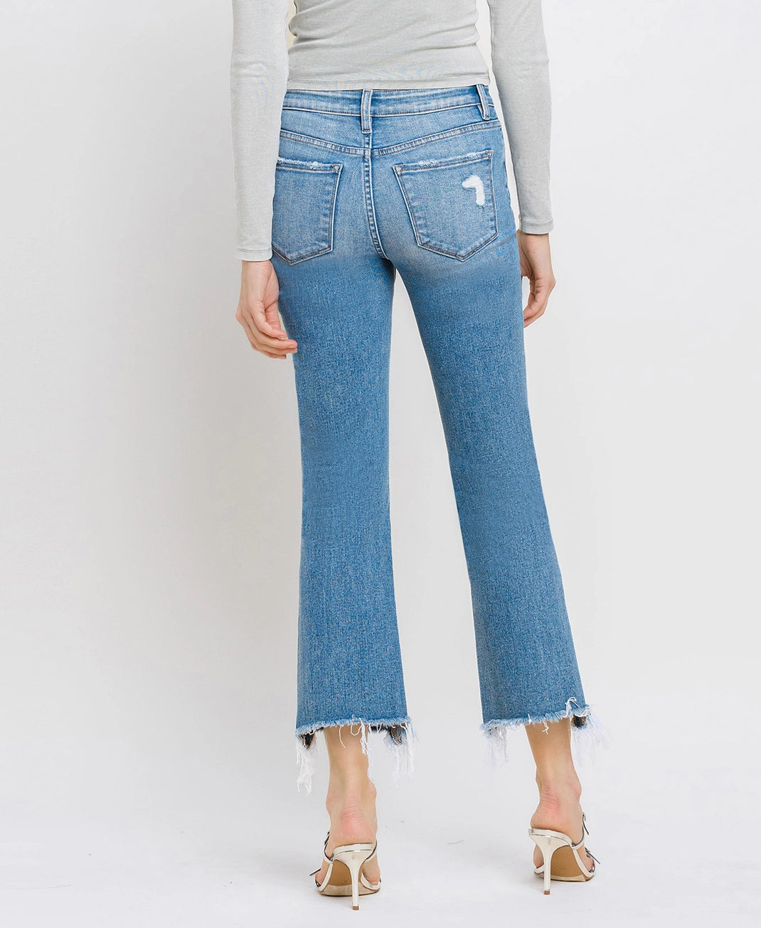 Mid Rise Frayed Hem Ankle Bootcut Jeans by Flying Monkey