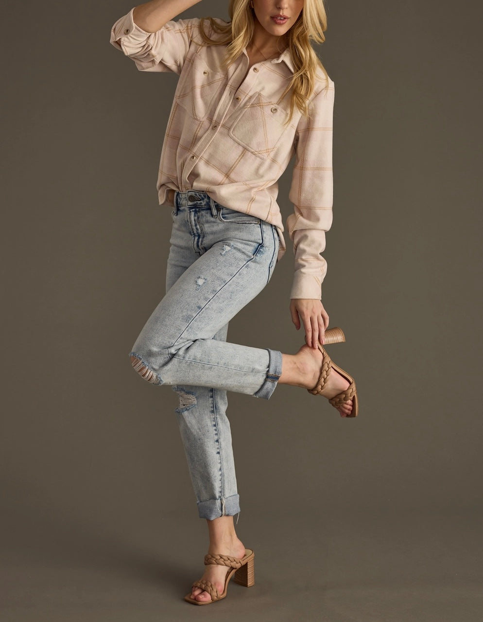 Pink and Tan Plaid Button Up by Panache Apparel Co. 