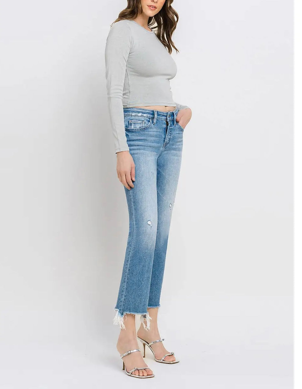 Mid Rise Frayed Hem Ankle Bootcut Jeans by Flying Monkey
