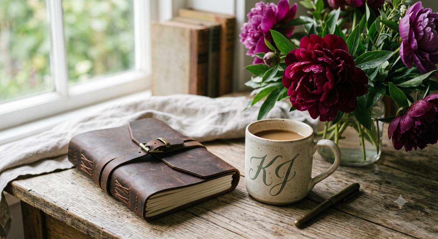 A rustic brown leather-bound journal with a wrap strap and brass buckle rests on a weathered wooden table beside a cream ceramic mug with 'KG' written on it, a pen, and a vase of deep purple and magenta peonies near a window.