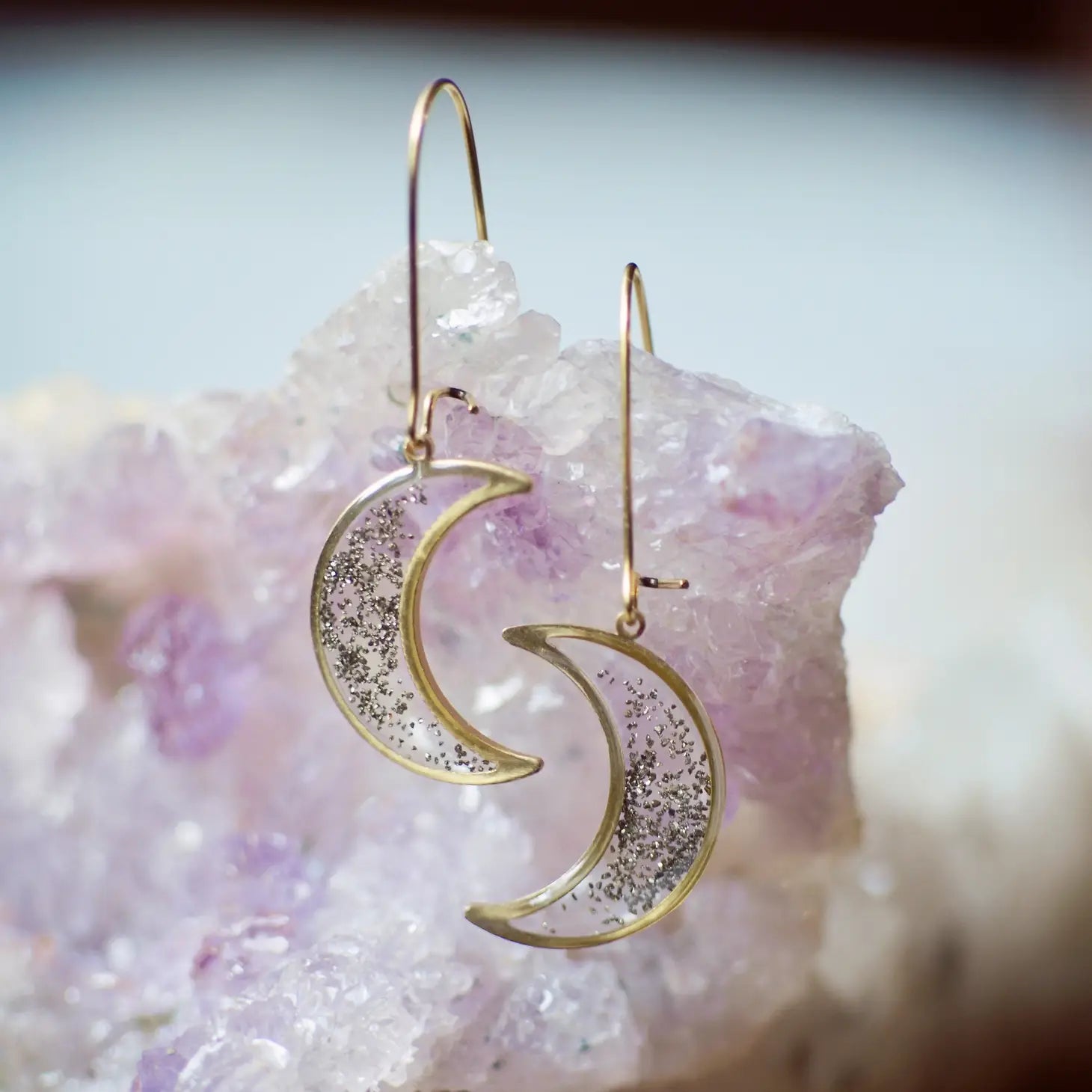 Scattered Pyrite Moon Earrings by Cameoko Jewelry
