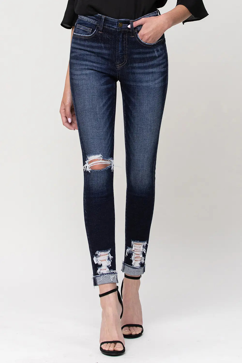 Mid Rise Skinny Cropped Jeans with Cuff by Flying Monkey