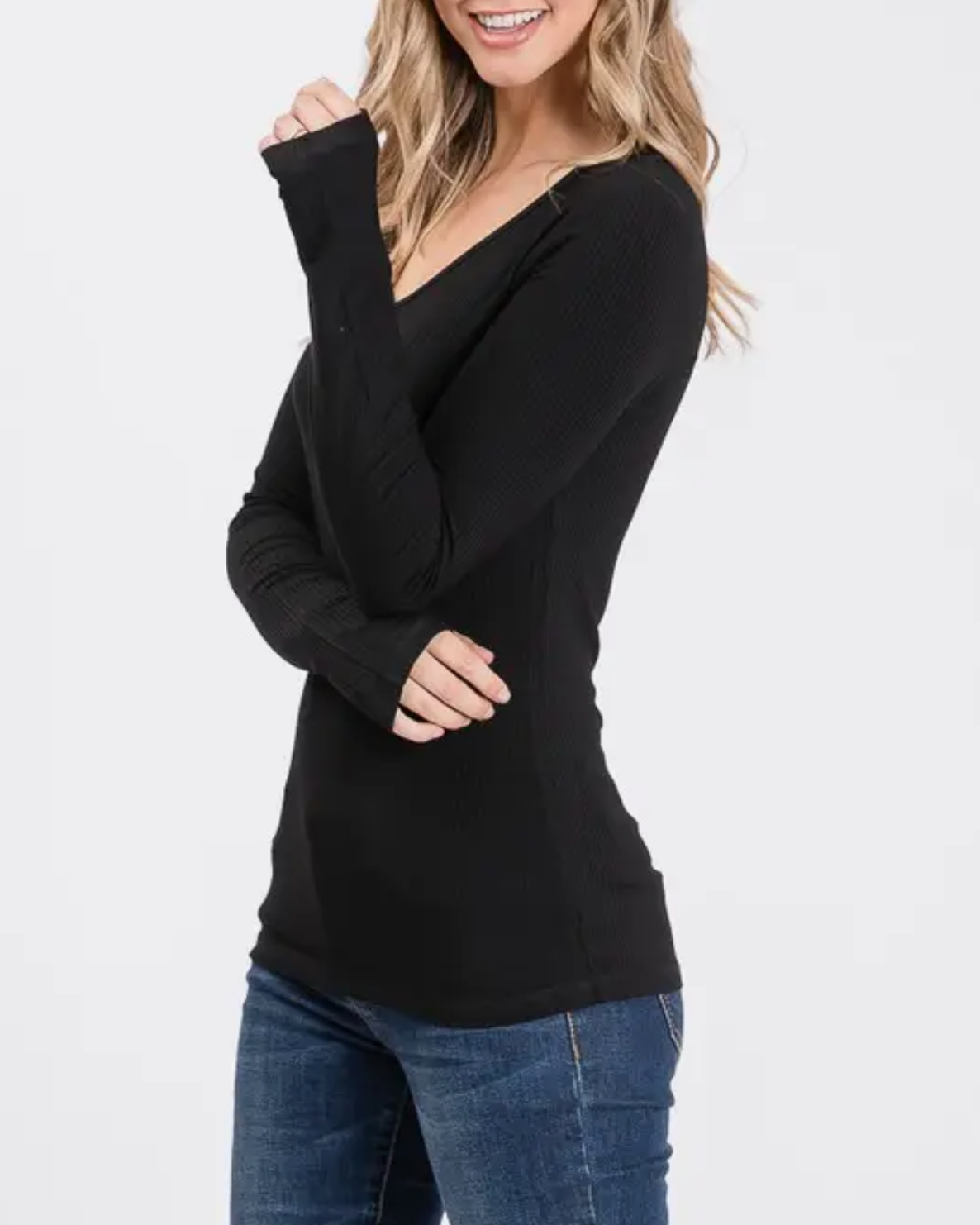 Long Sleeve V-Neck Ribbed Top