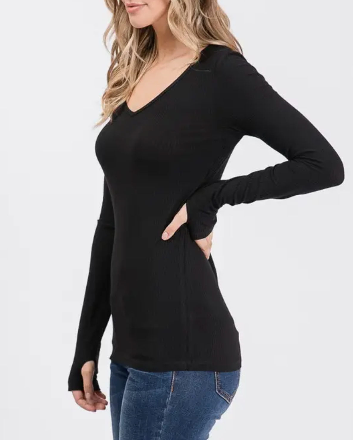 Long Sleeve V-Neck Ribbed Top
